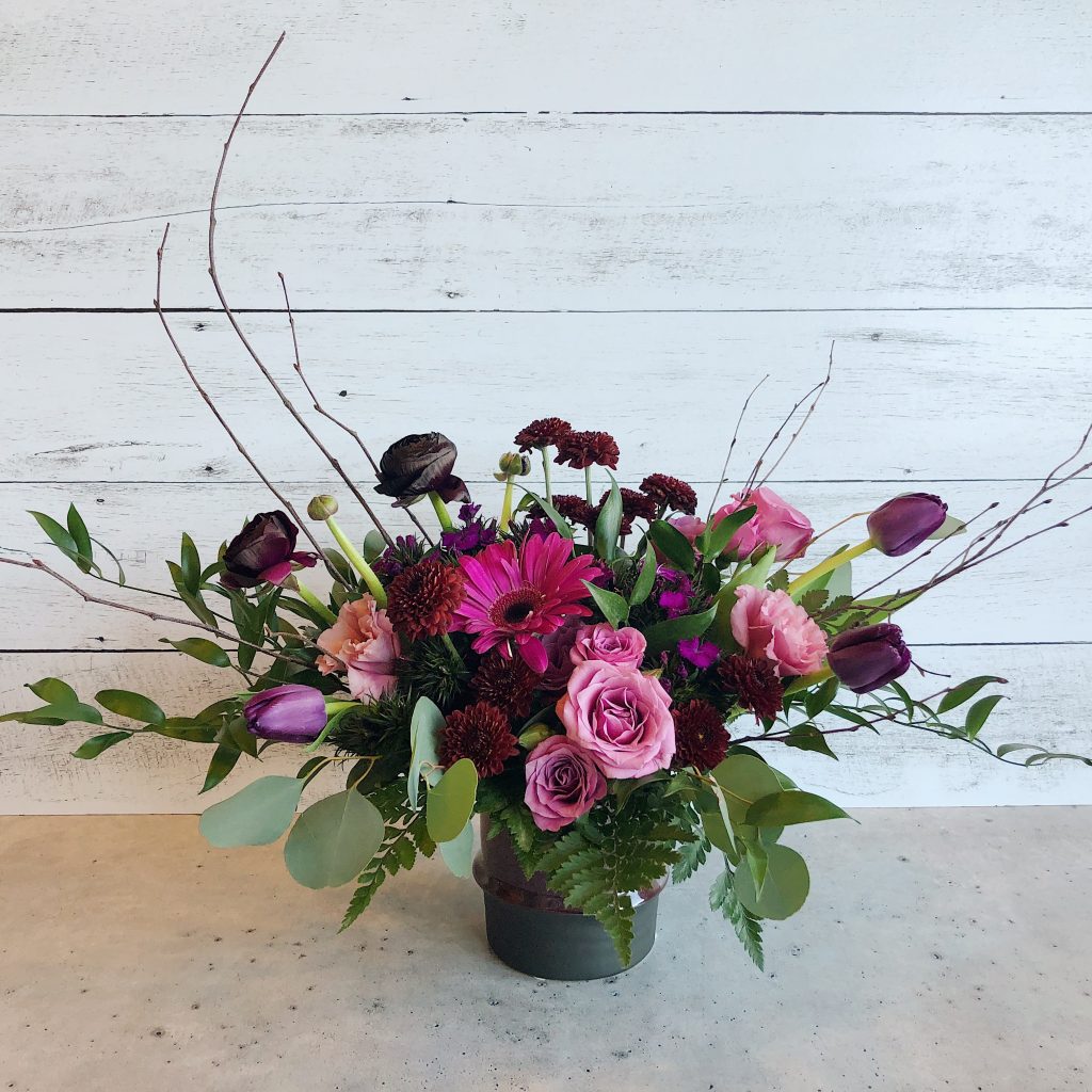 Valentine's Day flowers; pink roses; purple and pink flowers; moody flowers; 